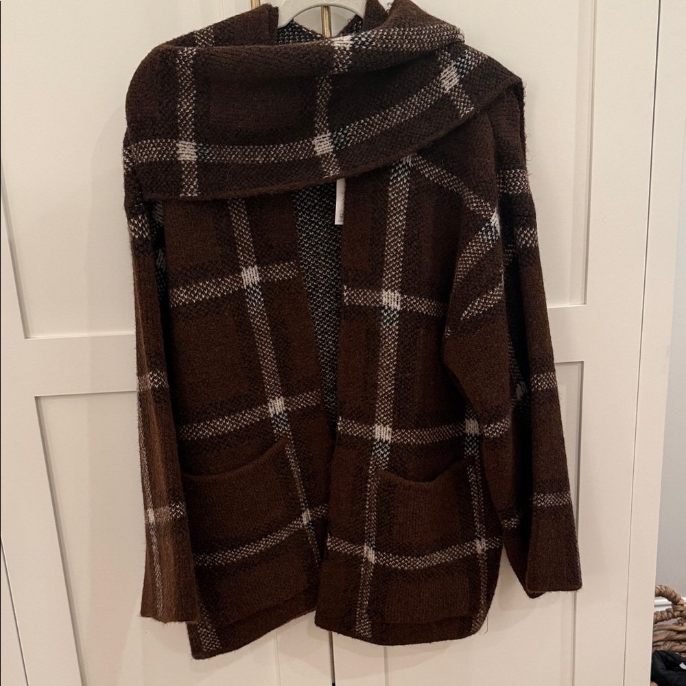 Zara brown plaid wrap scarf knit open cardigan sweater